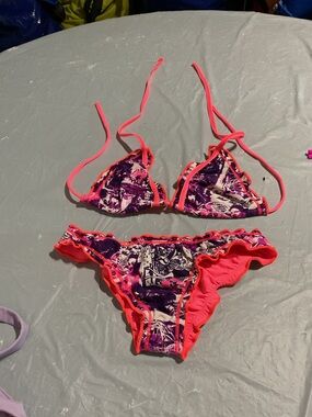 Neon Pink Trim Purple Patterned Bikini Set 1076